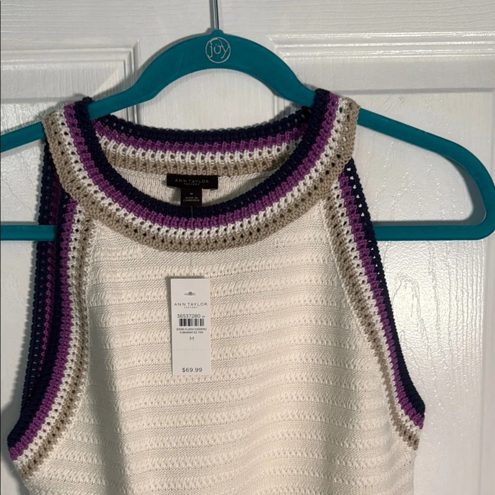 Ann Taylor Ribbed White and Purple Sleeveless Tank Top - Picture 3 of 6